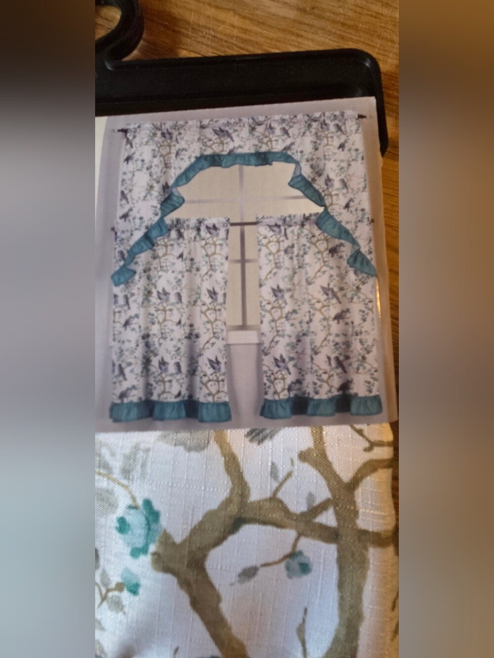 New -Birds & Blossom 3-Piece Kitchen Window Set - White with Teal Floral